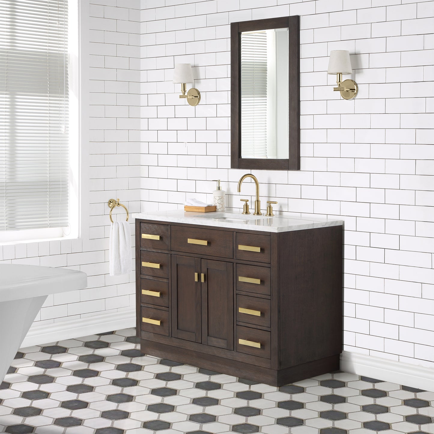 48 In. Single Sink Marble Countertop Vanity Oak with Faucet and Mirror, Chestnut collection