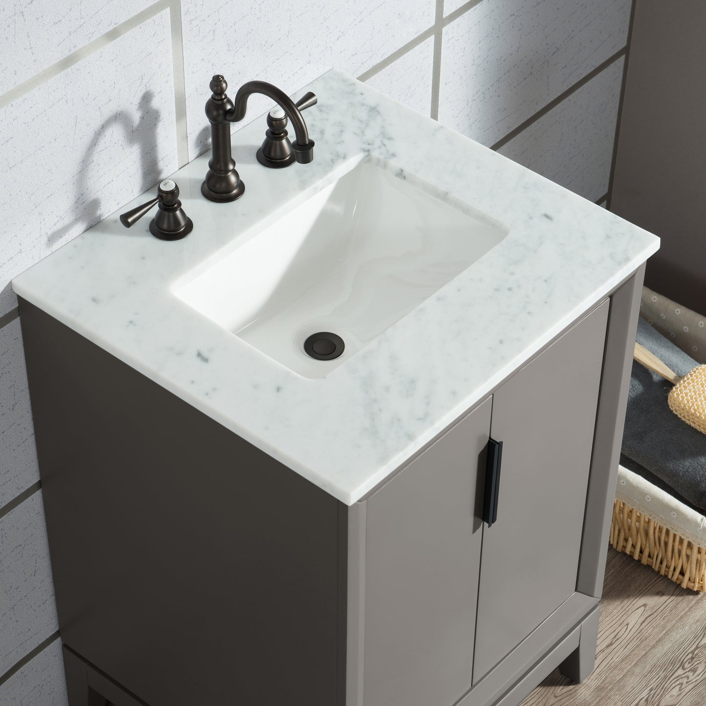 Elizabeth 24-Inch Single Sink Carrara White Marble Vanity In Cashmere Grey set
