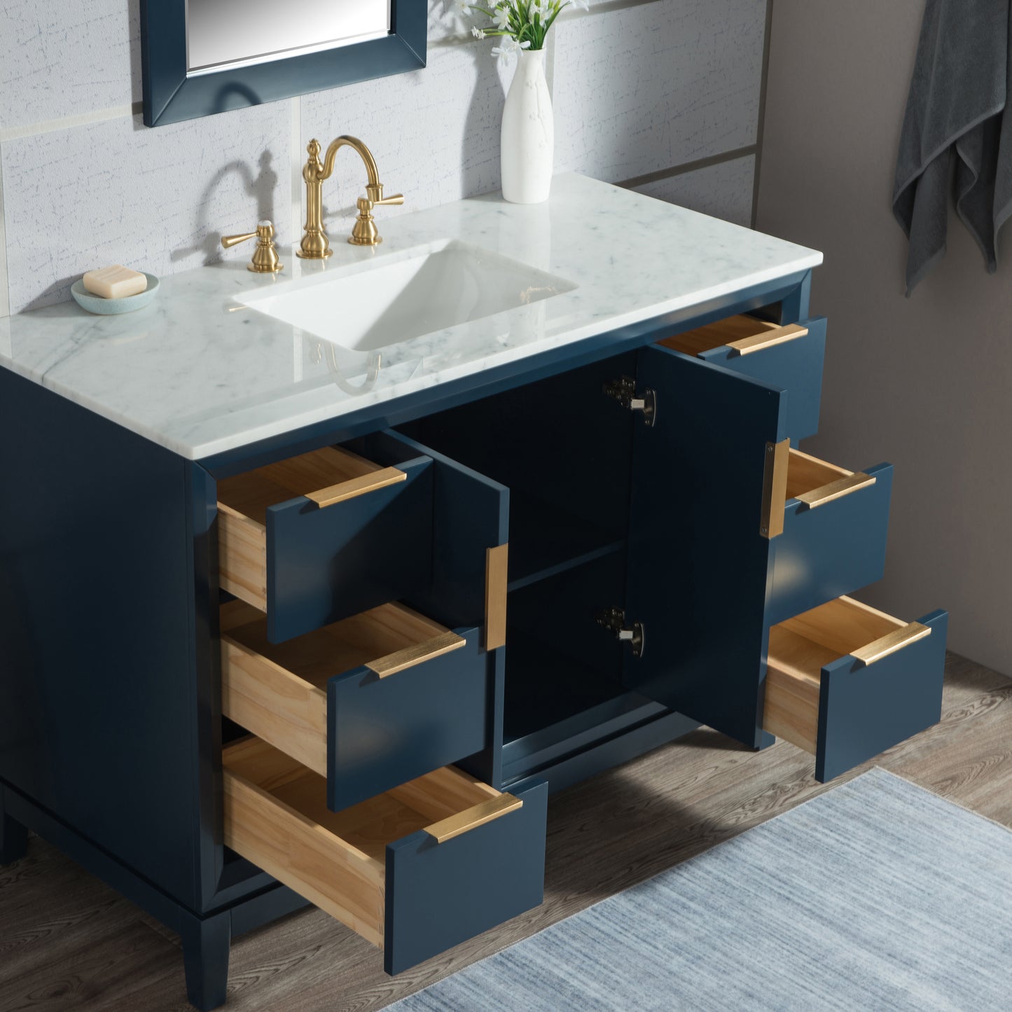 Elizabeth 48-Inch Single Sink Carrara White Marble Vanity In Monarch Blue set
