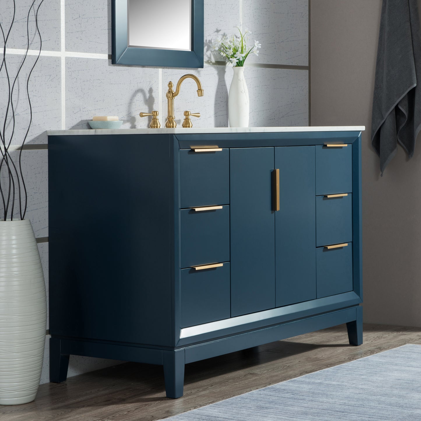 Elizabeth 48-Inch Single Sink Carrara White Marble Vanity In Monarch Blue set