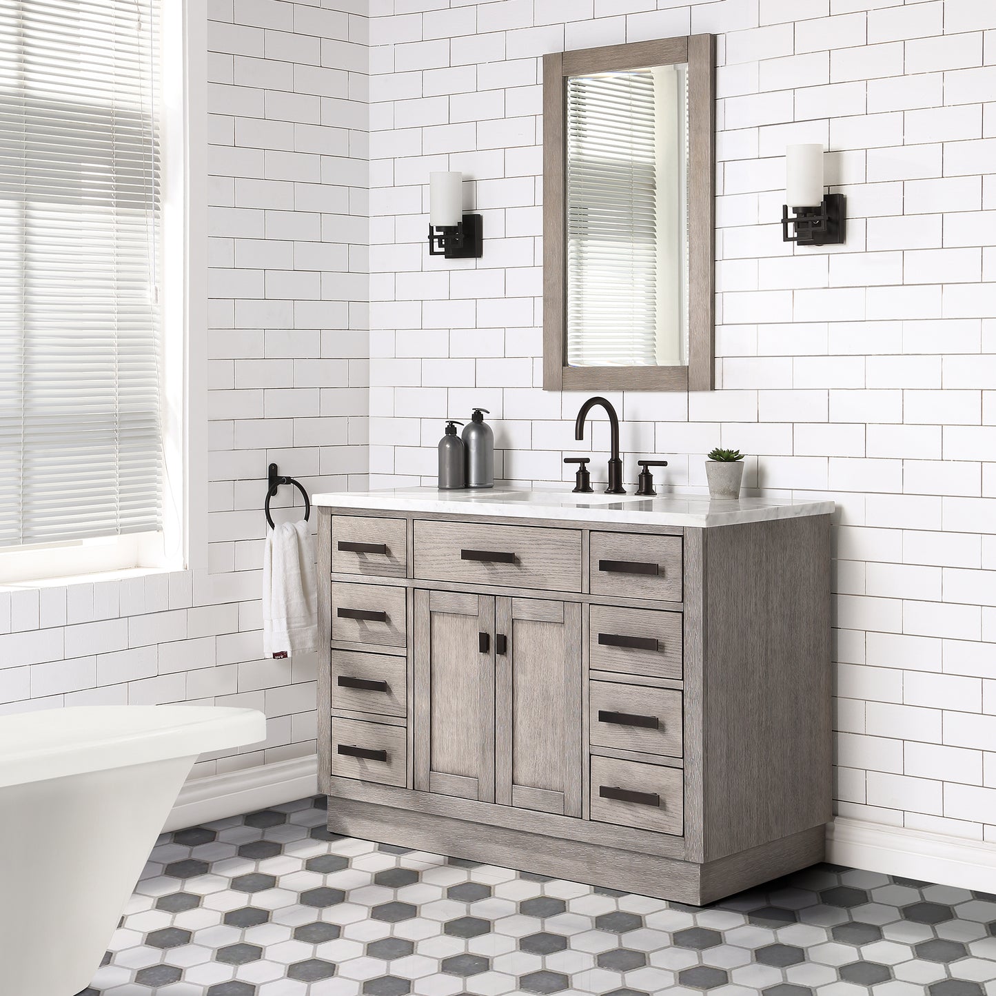 48 In. Single Sink Marble Countertop Vanity Oak with Faucet and Mirror, Chestnut collection