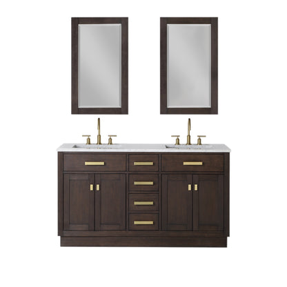 60 In. Double Sink Marble Countertop Vanity, Oak with Faucets and Mirrors, Chestnut  collection