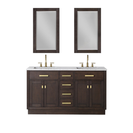 60 In. Double Sink Marble Countertop Vanity, Oak with Faucets and Mirrors, Chestnut  collection