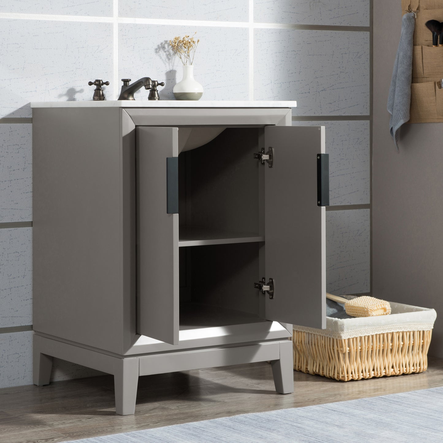 Elizabeth 24-Inch Single Sink Carrara White Marble Vanity In Cashmere Grey set