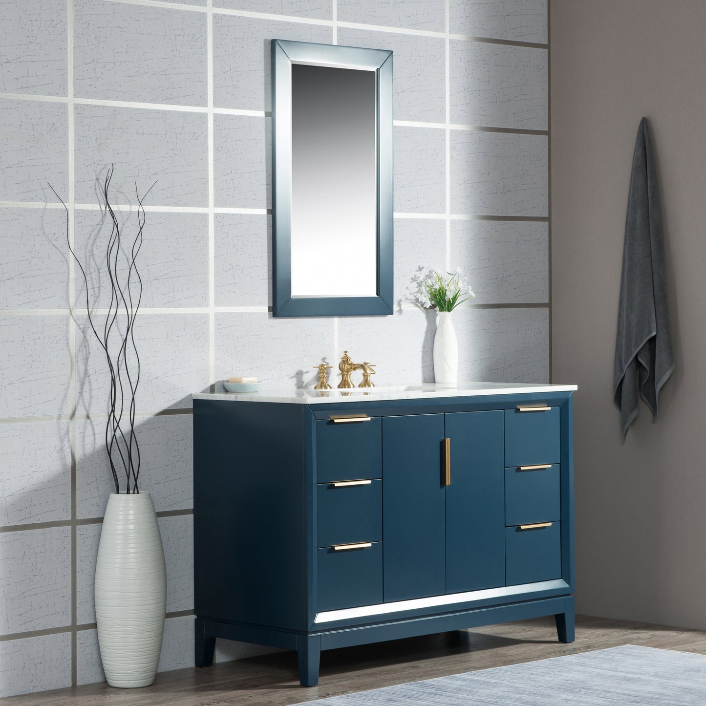 Elizabeth 48-Inch Single Sink Carrara White Marble Vanity In Monarch Blue set