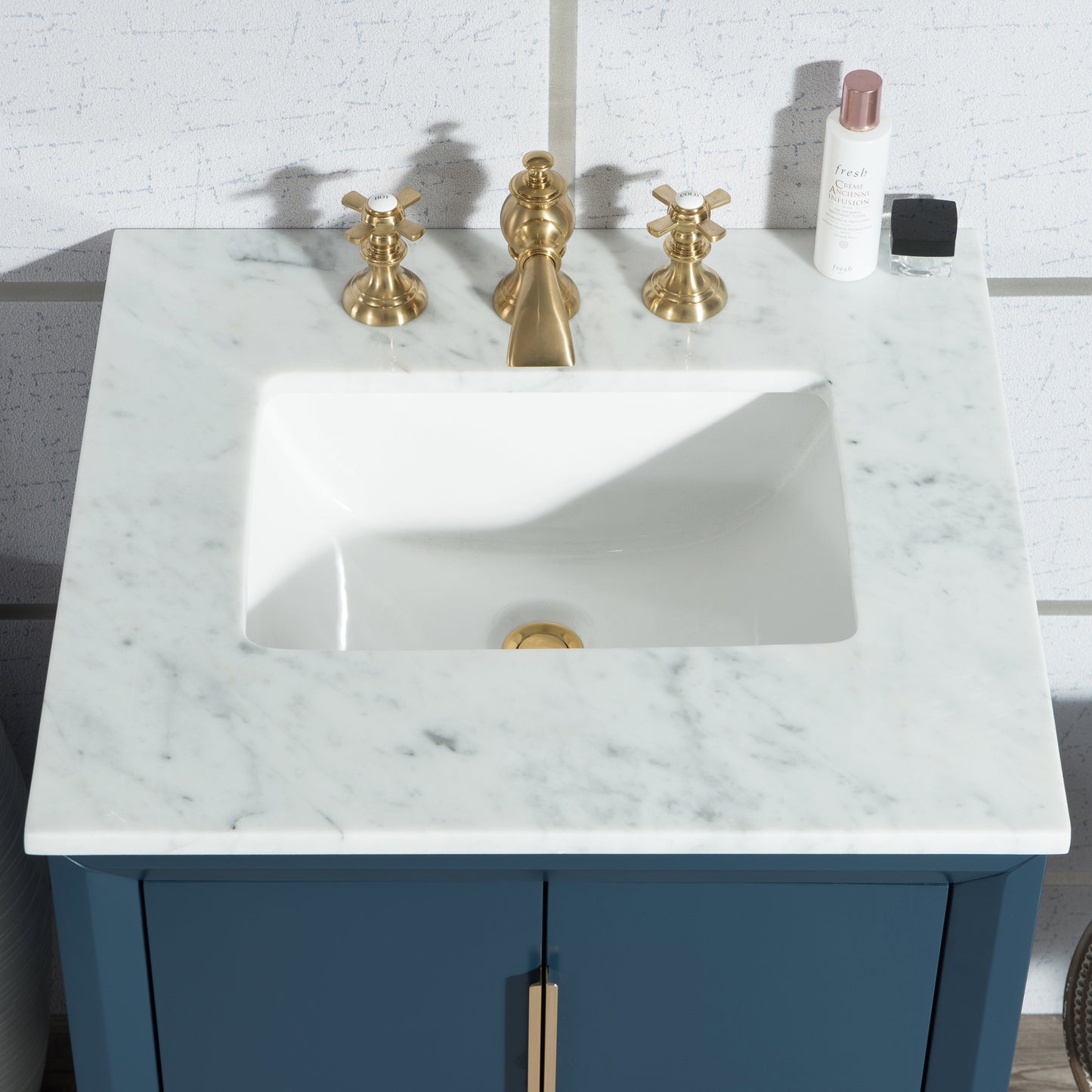 Elizabeth 24-Inch Single Sink Carrara White Marble Vanity In Monarch Blue set