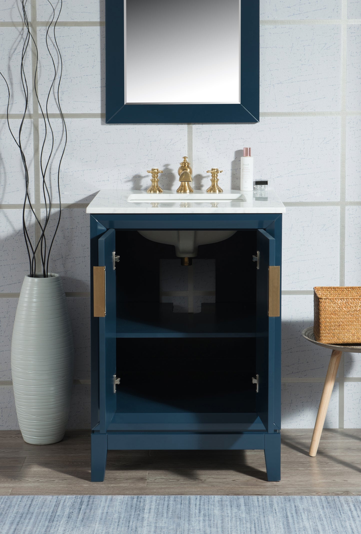 Elizabeth 24-Inch Single Sink Carrara White Marble Vanity In Monarch Blue set