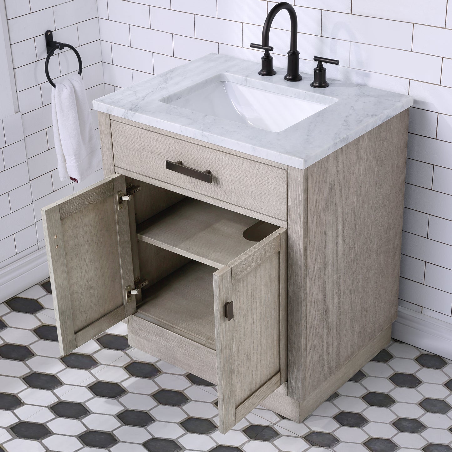 30 In Sink Marble Countertop Vanity, Oak, Faucet and Mirror, Chestnut collection