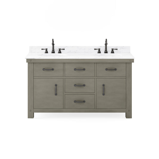60 Inch Grizzle Grey Double Sink Bathroom Vanity set With Carrara White Marble Counter Top. ABERDEEN Collection