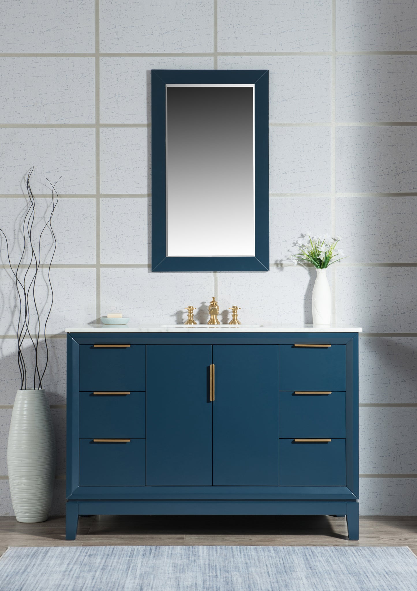 Elizabeth 48-Inch Single Sink Carrara White Marble Vanity In Monarch Blue set