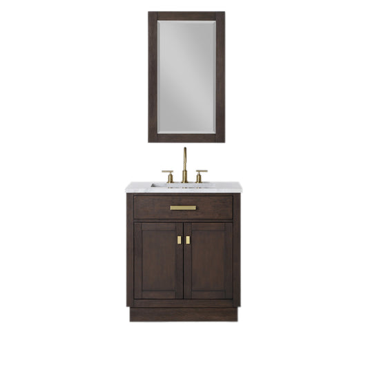 30 In Sink Marble Countertop Vanity, Oak, Faucet and Mirror, Chestnut collection